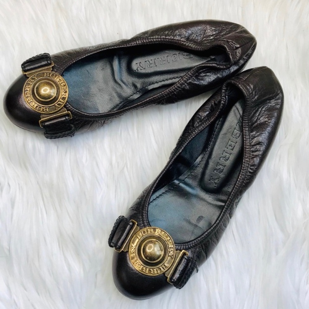 Burberry dark brown with Gold Buckle Ballet Flats